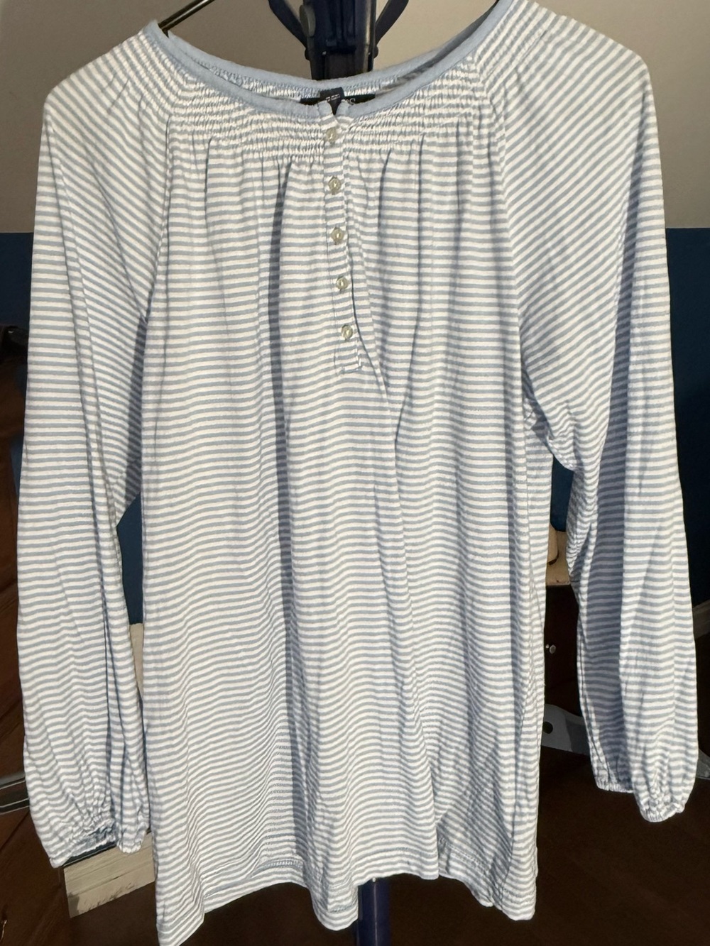 NWT Chaps Women’s M Blue White Striped Smocked Henley Top Cotton Modal